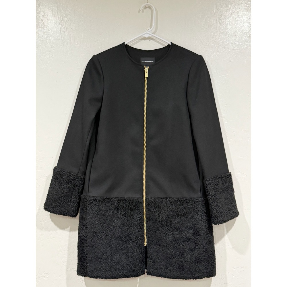 Club Monaco Black Faux Fur Trim Zip Front Coat Jacket XS 295681708 Mixed Media - Picture 2 of 9